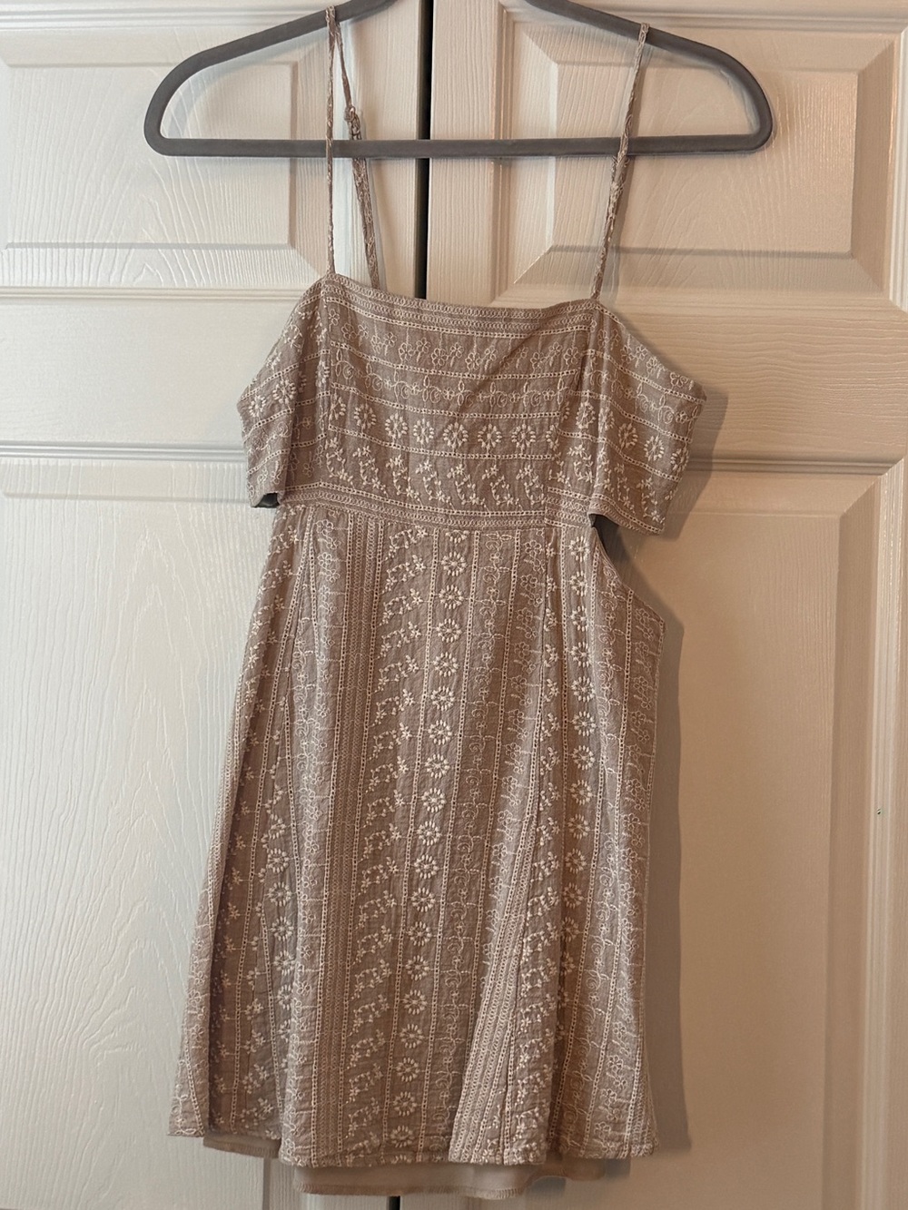 Trixxi Taupe-Beige Embroidered Spaghetti-Strap Mini Dress